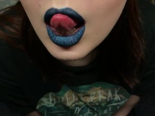Blue lipstick closeup blowjob, cum on tongue, swallow Lipstick Blowjobs. 